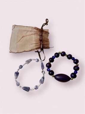 Set of 2- Bracelet Sugilite Purple Stones & Polymer Clay Semi-Stretch Bracelet